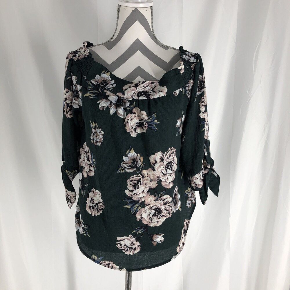 Iris 3/4 Sleeve Pullover Off Shoulder Top XL Floral Green Boat Neck Blouse